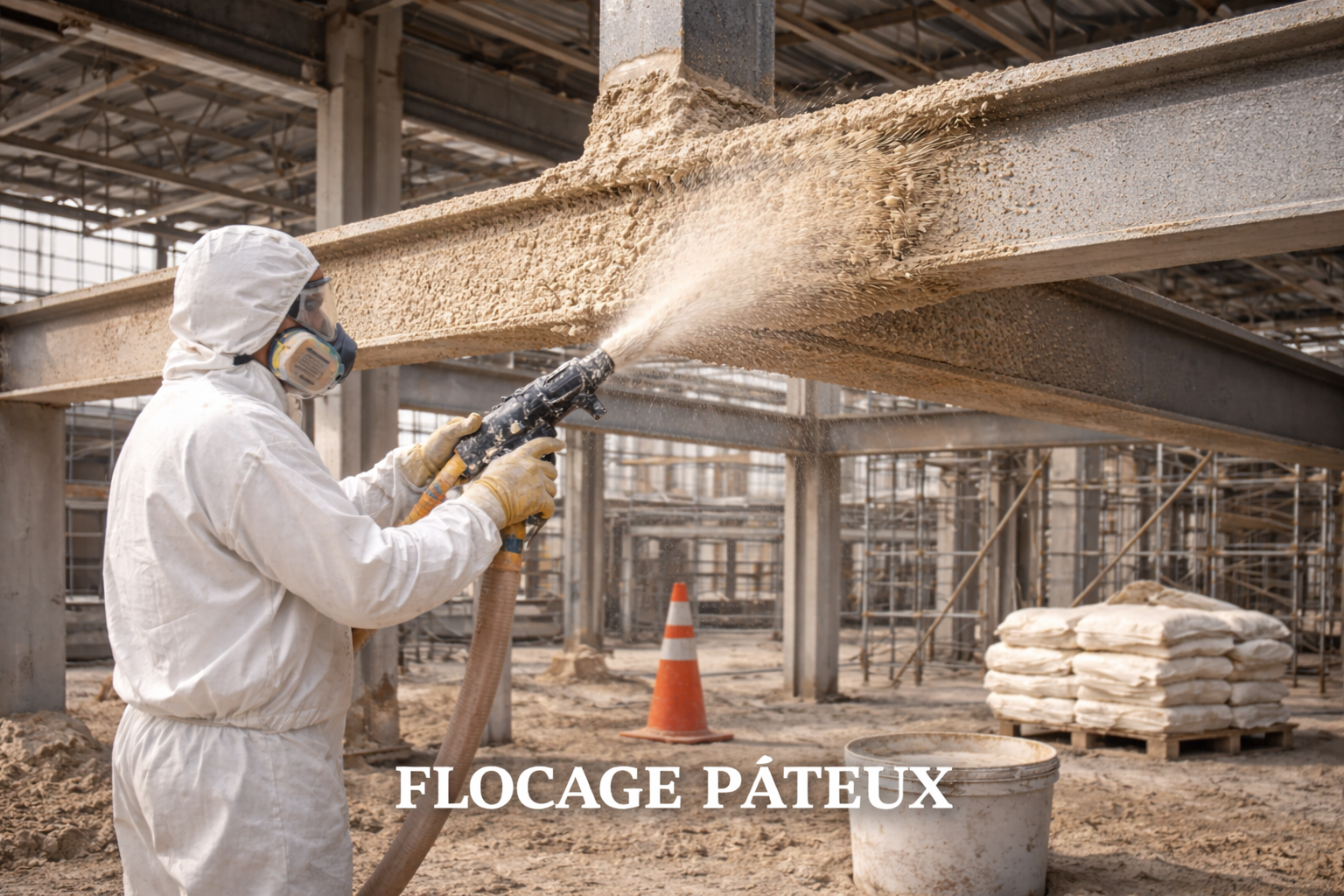 Flocage pâteux sur structure acier - Protection incendie passive